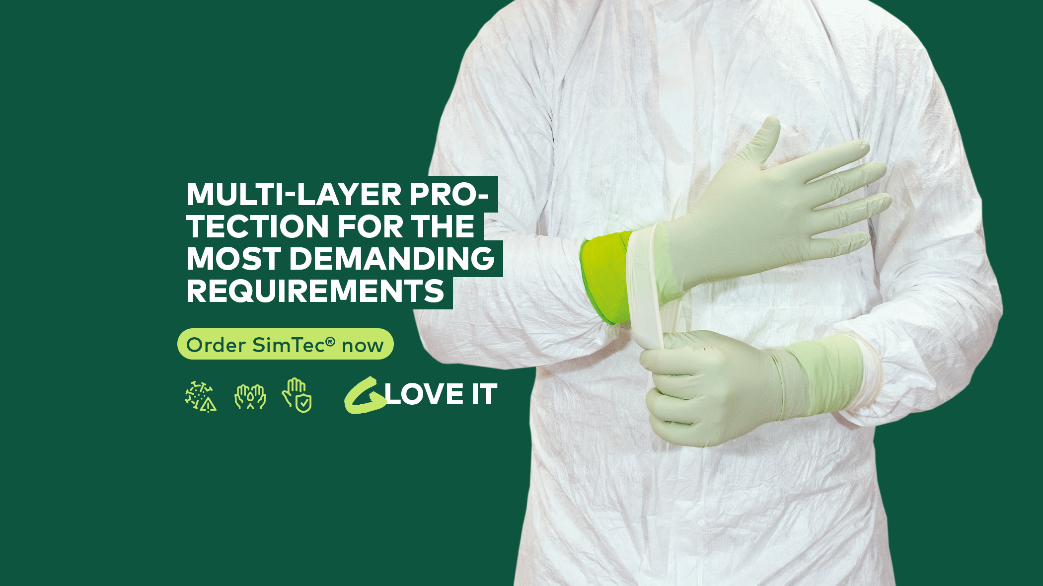 Protect2Clean | Nitril | Latex | Nylon Gloves | SimTec Gloves | Text on Banner: Multi-Layer-Protection for the most demanding Requirements